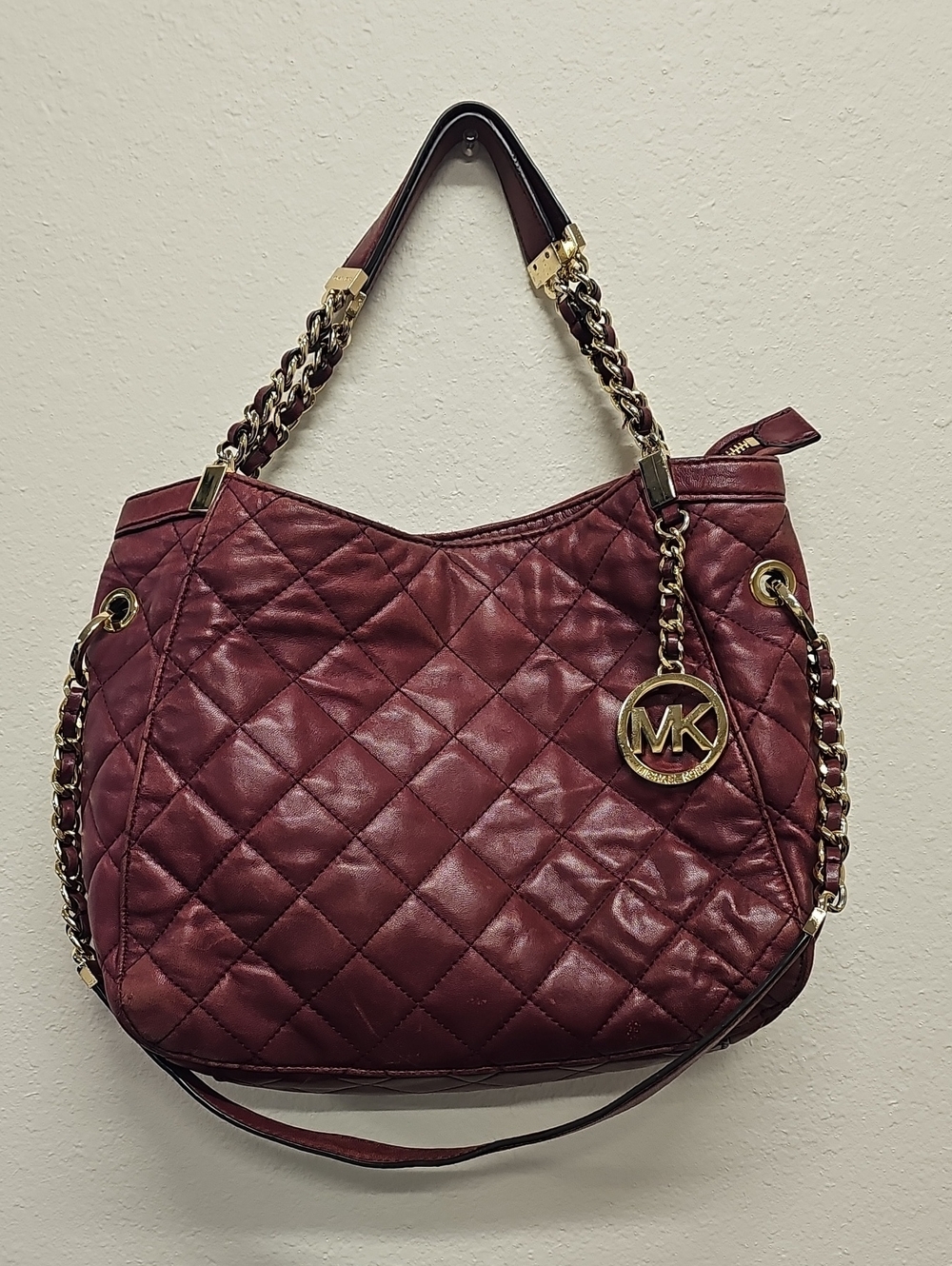 Michael Kors Quilted Shoulder Bag in Burgundy Wine with Gold Hardware